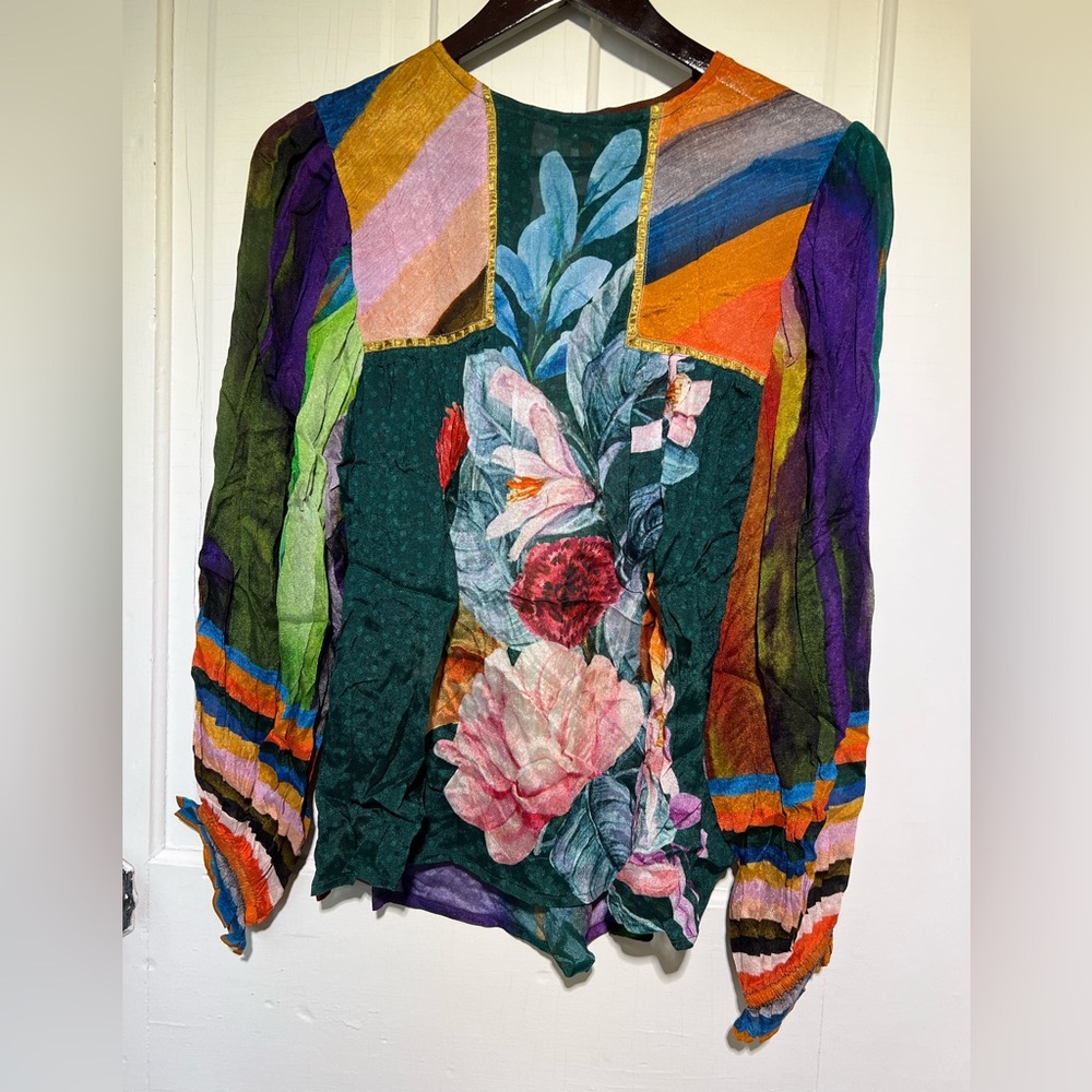 Blank London Anthropologie Miranda Peasant Blouse Striped Artsy Floral Boho XS - Picture 6 of 13
